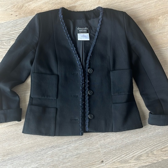 CHANEL Jackets & Blazers - CHANEL Black Blazer with Navy Tweed Trim